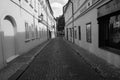 Narrow cobblestone streets of Prague in the early morning