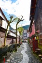 Narrow and cobblestoned Yanaka Lane with a canal along it in Gujo, Japan