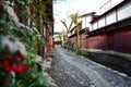Narrow and cobblestoned Yanaka Lane with a canal along it in Japan
