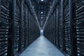 Narrow corridor in a modern data center with rows of server racks illustrating advanced computing infrastructure and secure dig