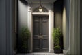 narrow dark grey front door of house in large white building