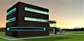 Narrow elongated windows illuminated by turquoise LED strips look great on the brick faÃÂ§ade of a modern home at night. 3D