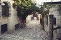 Narrow flowery side street on a fine day in a small magical village. Old cosy town with stone houses, cobblestone