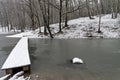 A narrow footbridge to the newly frozen pond. Royalty Free Stock Photo