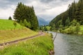 Railroad along the river Mur, Austria, alpine landscape
