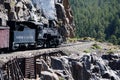 The Narrow Gauge Railway from Durango to Silverton that runs through the Rocky Mountains by the River Animas In Colorado USA