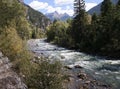 The Narrow Gauge Railway from Durango to Silverton that runs through the Rocky Mountains by the River Animas In Colorado USA