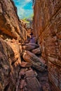 Narrow gorge with giant boulders of red sandstone, Kalbarri, Australia Royalty Free Stock Photo