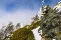 Narrow Hiking trail on the slopes of Mount San Antonio (Mt Baldy) covered in snow on a winter day; fog rising from the valley and