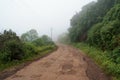 A narrow lane leading into fog and mist