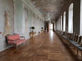 Narrow and long hall with a painted ceiling and walls at Rundale Castle on the territory of Latvia on May 10, 2019 Royalty Free Stock Photo