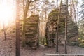 Narrow pass through sandstone rock formation at Chlum - Kozlov Castle Ruins, Bohemian Paradise, Czech Republic