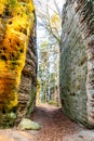 Narrow pass through sandstone rock formation at Chlum - Kozlov Castle Ruins, Bohemian Paradise, Czech Republic