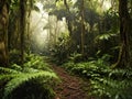 Narrow path through empty rainforest jungle, generative ai