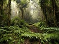 Narrow path through empty rainforest jungle, generative ai