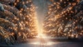 Narrow path in enchanted winter forest illuminated by golden fairy lights on snow-covered trees Royalty Free Stock Photo