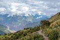 Narrow path on the hiking trail at high altitude Peruvian mountains between Maizal and Yanama, Peru