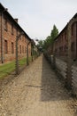 Prisoner barracks surrounded by barbed wire fence, Auschwitz Birkenau concentration camp, Poland Royalty Free Stock Photo