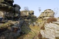 Narrow path between weathered gritstone rocks Royalty Free Stock Photo