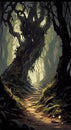 The Narrow Path Winds Through the Dark Forest Twisting and Turning As Gnarled Tree Roots Break The Soil Underfoot AI Generative