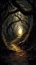The Narrow Path Winds Through the Dark Forest Twisting and Turning As Gnarled Tree Roots Break The Soil Underfoot AI Generative