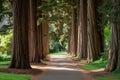 A narrow path winds its way through a densely wooded forest, with tall trees forming a towering canopy overhead, Winding pathway Royalty Free Stock Photo