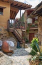 Narrow paved street of old Kakopetria between traditional wooden houses. Nicosia District. Cyprus Royalty Free Stock Photo