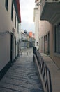 Narrow pedestrian street with beautiful houses. Aveiro. Portugal. Royalty Free Stock Photo