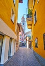 The clocktower of St Peter and St Paul Church from old street, Ascona, Switzerland Royalty Free Stock Photo