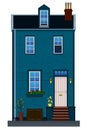 Narrow private house in blue. Frontage. Vector illustration isolated on white