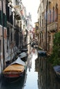 Narrow and quiet Venice canal with boats