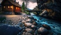 A Narrow River With a Small House on The Edge and a Stones Bridge Over The River AI Generative Royalty Free Stock Photo