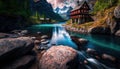 A Narrow River With a Small House on The Edge and a Stones Bridge Over The River AI Generative Royalty Free Stock Photo