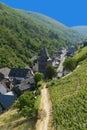 narrow road in gorge among old houses, watchtowers and vineyards in Middle Rhine valley above town of Bacharach in Mainz-Bingen Royalty Free Stock Photo