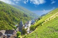 narrow road in gorge among old houses, watchtowers and vineyards in Middle Rhine valley above town of Bacharach in Mainz-Bingen Royalty Free Stock Photo