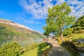 The narrow road to Westeras farm and restaurant with view over Geiranger fjord and mountains Royalty Free Stock Photo