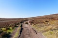 Narrow rock strewn footpath winds up hill on Derwent Moor