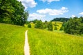 Narrow rural pathway in green hilly landscape