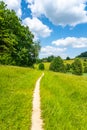 Narrow rural pathway in green hilly landscape