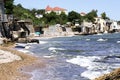 Narrow sea beach. Walk by the sea. Seascape.