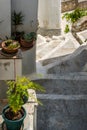 Narrow stairs in a street with pot plants in Olympos Village in Karpathos, Greece, vertical shot