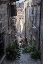 Narrow and steep street in Dubrovnik, formerly Ragusa, city located on the Dalmatian coast, Croatia