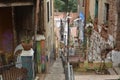 The narrow steep streets of Valparaiso with the painted walls of houses