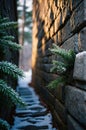Frosty Pine Branch Growing From Stone Wall, Winter Scenery Royalty Free Stock Photo