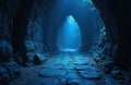 Narrow stone pathway leads into deep blue cave. Light streams from opening at end creating dramatic shadows, textured rock walls. Royalty Free Stock Photo