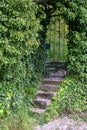 Narrow stone stair drives to closed metal gate. Germany, Heidelberg