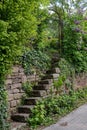 Narrow stone stair drives to closed metal gate. Germany, Heidelberg