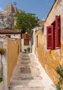 Narrow street in ancient residential district of Anafiotika in Athens Greece