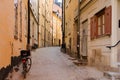 Narrow street with bicycle in Gamla stan area old city of Stockholm, Sweden