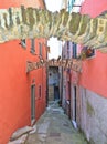 Narrow street and colorful old buildings and stone arches in old small village Montemarcello in Liguria, Italy